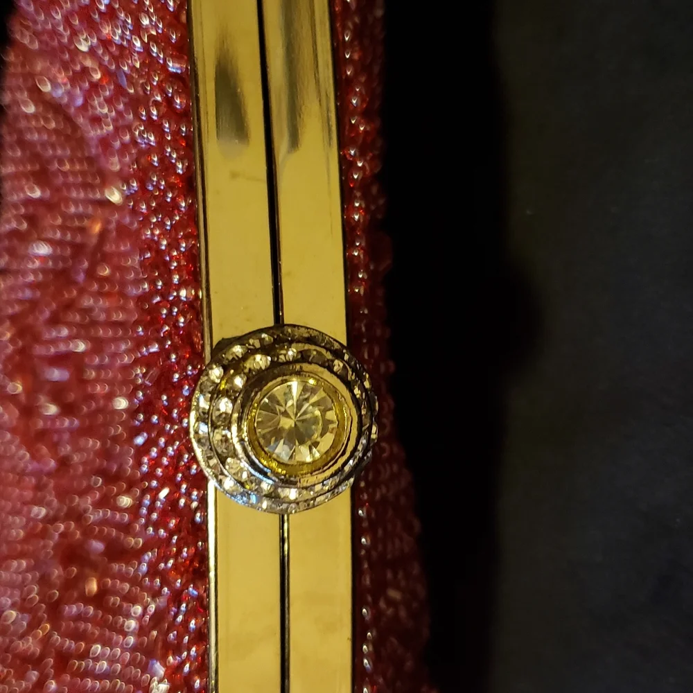 Red Beaded Clutch with Silvertone Chain Strap